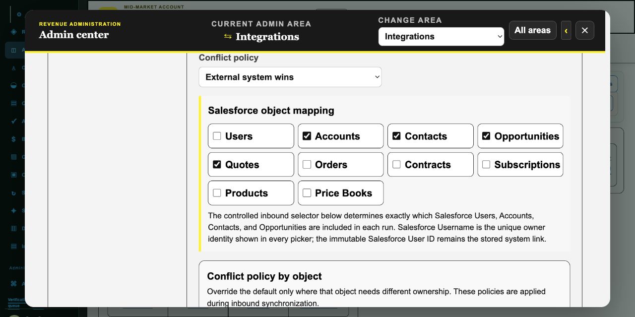 Salesforce object mapping · shared CRM data in the QTCFolio demonstration application